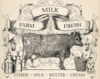 Farm Fresh Milk Sign - Instant Download Printable - Vintage Style Antique graphics - Kitchen Farm clipart Cow Clip Art