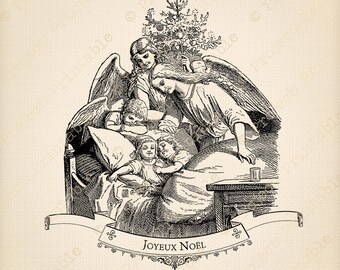 CHRISTMAS Instant Download Printable Joyeux Noel Chldren Angels Christmas Tree clipart graphics Vintage Fabric Image Transfer Holiday Art