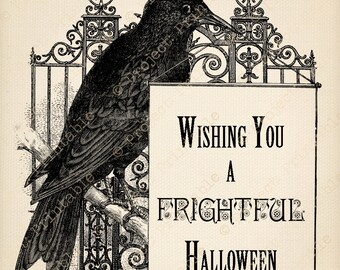 Digital instant download printable HALLOWEEN Raven Crow Bird Haunted Sign clip art - iron on transfer graphics digital collage scrapbooking