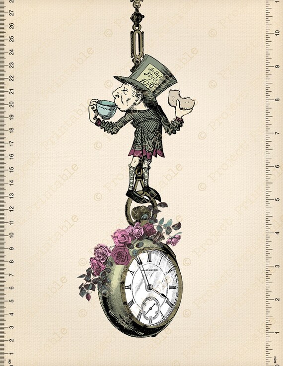Alice in Wonderland Colour Digital Clip Art Graphics Printable Mad Hatter Pocket Watch Transfer Images Instant Download Art Collage