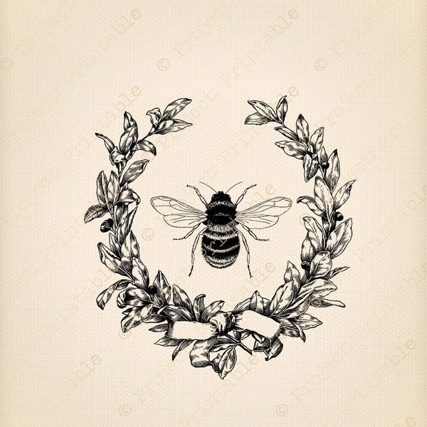 Instant Download Printable Graphics Vintage Pretty HONEY BEE Clipart In Frame with Ribbon - Fabric Image Transfer - iron on clip art