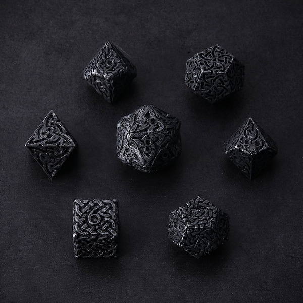 Endless Darkness - Tarnished Black Celtic Knot Metal Polyhedral Dice Set for DnD & Tabletop RPG