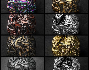May include: A collection of eight polyhedral dice, each with a different metallic finish. The dice are engraved with the number 20 on one face and other numbers on the remaining faces. The dice have a variety of colors, including iridescent, gold, bronze, and silver.
