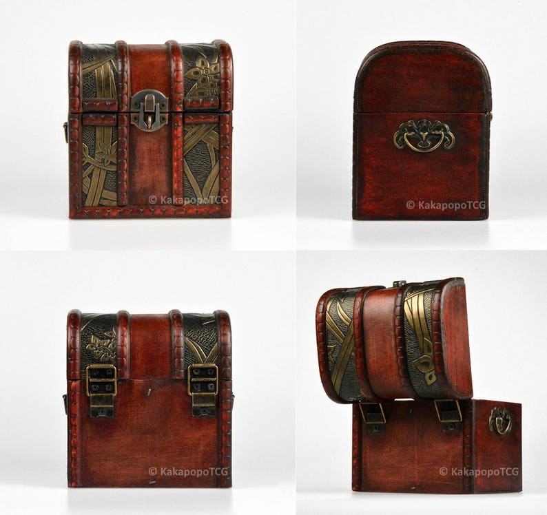 May include: A set of four wooden treasure chests with intricate carvings and metal accents. The chests are closed and have a vintage look.