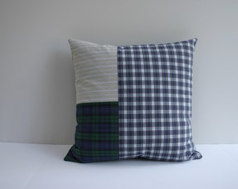 Color Block Pillow Cover - 18x18 Navy and Green Plaid - Upcycled and Vintage Fabric