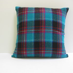 Aqua Plaid Wool Pillow Cover 18x18 square Upcycled Vintage Fabric image 1