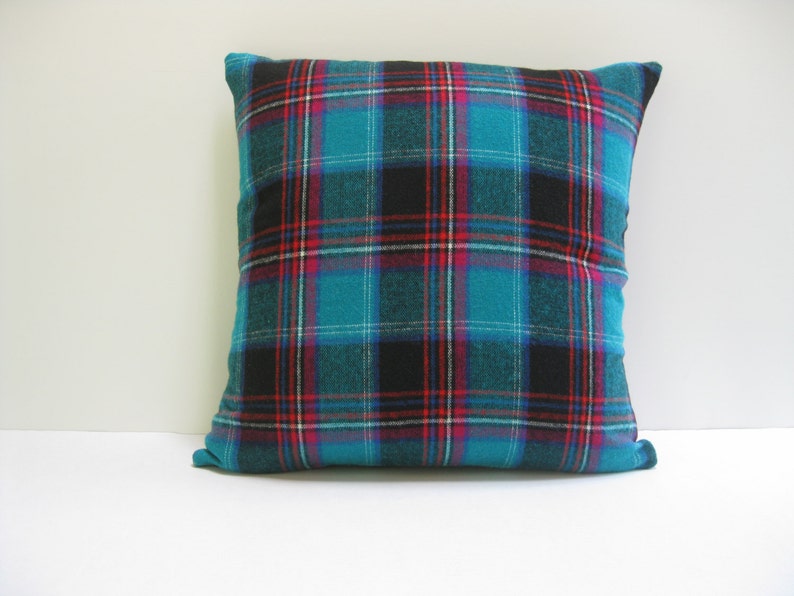 Aqua Plaid Wool Pillow Cover 18x18 square Upcycled Vintage Fabric image 1