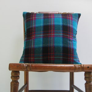 Aqua Plaid Wool Pillow Cover 18x18 square Upcycled Vintage Fabric image 5