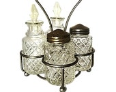 Vintage Cruet Set with 4 Cut Crystal Glass Bottles, Made in England by Eales of Sheffield, Silver Plated Holder