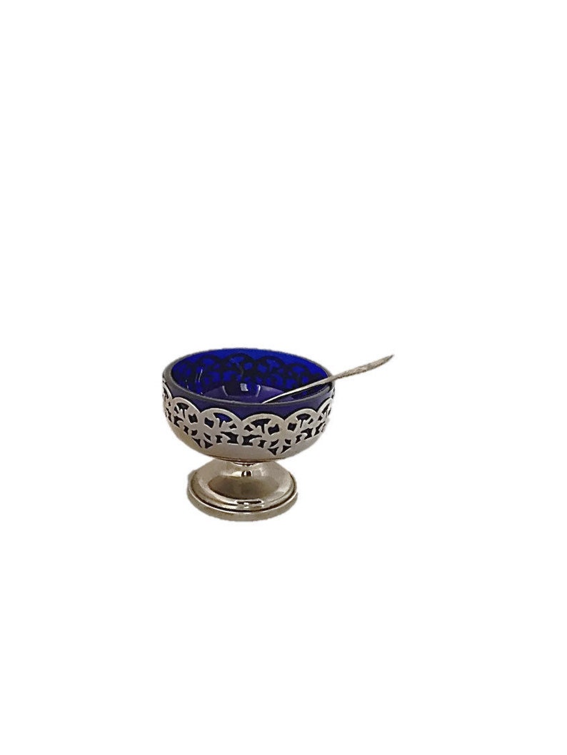 Vintage Silver Plate and Cobalt Glass Salt Cellar Bergs 830S Spoon English Silver and Norwegain C