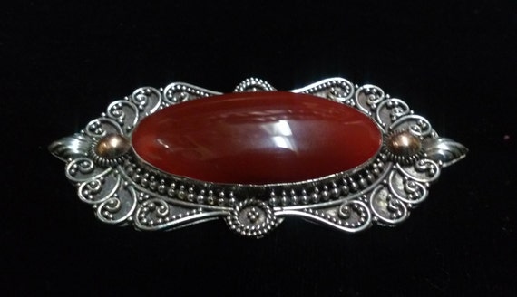 CHRISTMAS SALE Large Sterling Silver Snake Carnelian Brooch