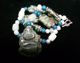 Multistone, Sterling, Jadite and Pearl Necklace with a Jadite Buddah Pendant.