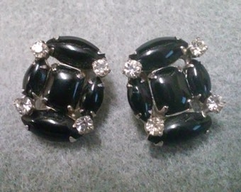 Vintage Black and Rhinestone Wiess Clipback Earrings