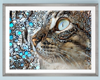 Cat Wall Art, Beach Decor, Tabby Cat, Beach Art, Abstract Cat, Cat Print, Cat Painting