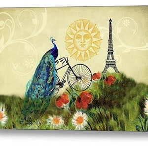 Decoración de pavo real, arte caprichoso, decoración de París, arte de bicicleta, arte de collage, decoración de habitación de niñas, arte de pared para niños, Torre Eiffel, arte de bicicleta, amapola imagen 1