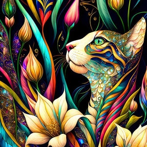 Cat and Flowers, Abstract Cat, Psychedelic Cat, Cat Art Print, Colorful Cat Art, Cat Wall Decor, Cat Dad Gift, Modern Cat Art