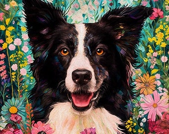 Border Collie Art, Border Collie Print, Border Collies, Dog Art Prints, Dog and Flowers, Herding Dogs, Pet Portraits, Dog Artwork, Dog Art