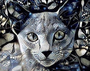 Russian Blue Cat, Abstract Cat Print, Gray Cat Poster, Pet Portrait, Fractal Cat Art, Silver Artwork, Gray Decor