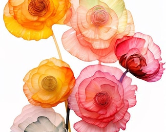 Ranunculus Art, Flower Prints, Floral Artwork, Gardener Gift, Vertical Flower Art, Colorful Florals, Flower Decor, Flower Wall Art