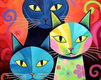 Cat Family Art, Colorful Cats, Cat Prints, Whimsical Cat Art, Childrens Room Art, Cat Wall Decor, Mothers Day Gift, Cat Lover Gift