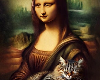 El gato de Mona Lisa, el arte amante de los gatos, el regalo de la mamá del gato, Leonardo da Vinci, el arte del gato atigrado, la impresión del gato, el regalo del amante del gato, el arte de la parodia