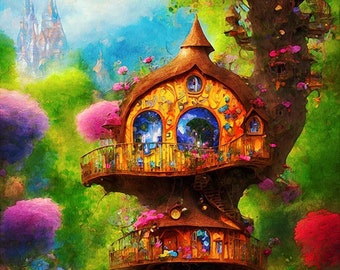 Treehouse Art, Tree House Print, Fairytale Art, Fantasy House Art, Fantasy Art, Whimsical Artwork, Childrens Room Art, Girls Bedroom Decor