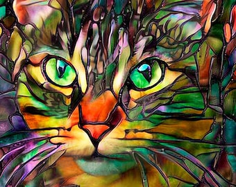 Tabby Cat Art Print, Colorful Cat Art, Stained Glass Art, Tabby Cat Portrait, Pet Portrait, Cat Lady Gift