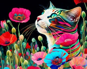 Cat Prints, Cat and Flowers, Poppies, Calico Cats, Cat Art, Poppy Art Prints, Colorful Cat Art, Cat Artwork, Cat Mom Art, Whimsical Cats