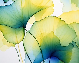 Ginkgo Leaves, Ginkgo Biloba, Ginkgo Art Prints, Abstract Leaves, Gingko Leaves, Leaf Art Prints, Blue Green Abstract, Vertical Abstracts