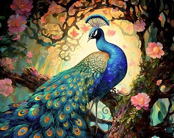 Peacock Art Print, Peacock Wall Art, Bird and Flowers, Peacock Decor, Colorful Bird Art, Peacock Wall Decor, Roosting Peacock