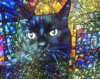 Black Cat Wall Art, Black Cat Poster, Black Cat Print, Stained Glass Art, Colorful Cat Art, Cat Wall Art, Gift for Cat Lover