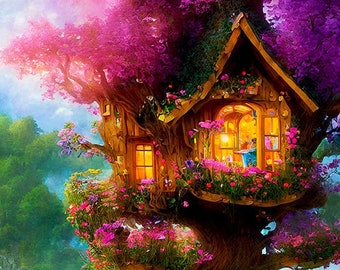 Tree House Art, Tree House Print, Treehouse Decor, Fairytale Art, Fantasy Art, Floral Art, Whimsical Artwork, Kids Room Art,Girls Room Decor