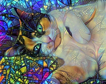 Colorful Cats, Calico Cat Painting, Cat Print, Stained Glass Cat, Cat Art Print, Abstract Wall Art, Pet Artwork