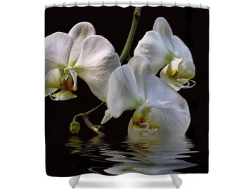 Shower Curtain, Orchid Decor, White Orchids, Gift for Mom, Flower Bathroom, Womans Gift, Gift for Her, Black and White, Bathroom Decor