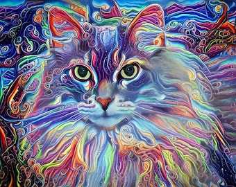 Crazy Cat Lady, Maine Coon Cat, Psychedelic Art, Cat Print, Cat Art, Long Haired Cat, Colorful Decor, Cat Lover Gift, Colorful Wall Art
