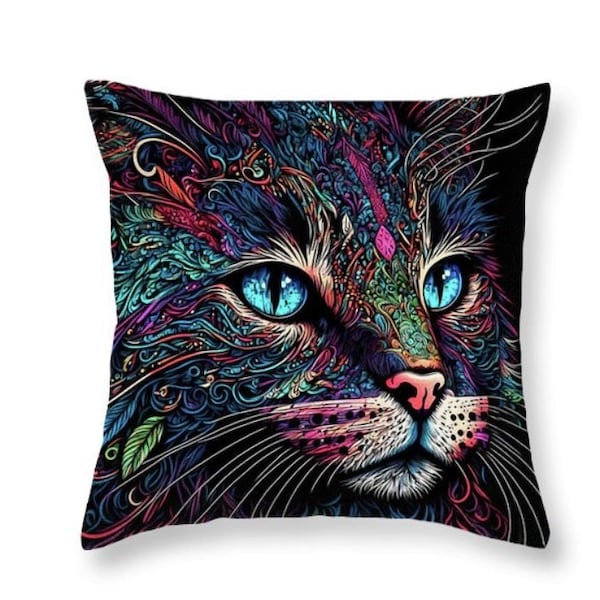 Cat Pillows, Cat Pillow Covers, Colorful Cat Pillow, Cat Decor, Cat Throw Pillow, Cat Cushion, Pet Pillow, Cat Lover Gift, 18x18 Cat Pillow