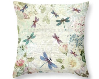 Dragonflies Pillow, Dragonfly Cushion, Dragonflies Decor, Botanical Pillow, Pastel Throw Pillow, Dragonfly Pillow Cover