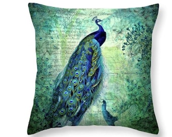 Almohada de pavo real, almohada verde azul, cojín de pavo real, almohada de tiro de pájaro, decoración botánica, cojín de pájaro, almohada botánica