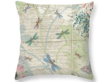 Dragonfly Pillow, Floral Throw Pillow, Pastel Pillow, Botanical Pillow, Pretty Throw Pillow, Vintage Decor, Flower Cushion,Shabby Chic Decor