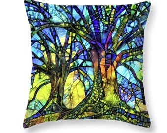 Trees Throw Pillow, Stained Glass Pillow, Tree Pillow, Colorful Pillows, Abstract Pillow, Tree Decor, Colorful Decor, Pillow Cover