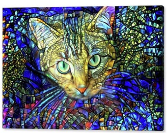 Cat Canvas, Cat Wall Art, Cat Wrapped Canvas, Colorful Cat Art, Cat Wall Decor, Tabby Cat Artwork, Abstract Cat Art, Stained Glass Cat