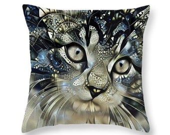 Cat Throw Pillow, Cat Decor, Maine Coon Cat, Silver Throw Pillow, Cat Lovers Gift, Cat Cushion Cover