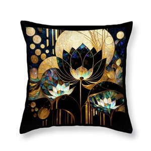 Lotus Pillow, Art Deco Pillow, Abstract Pillow, Black Gold Pillow, Abstract Cushions, Art Nouveau Pillows,,Lotus Cushions,Lotus Pillow Cover