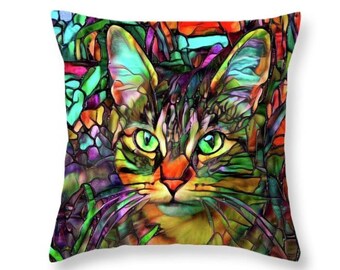 Cat Pillow, Colorful Cat Pillow, Tabby Cat Decor, Cat Cushion, Stained Glass Pillow, Stained Glass Decor, Cat Mom Gift, Cat Home Decor