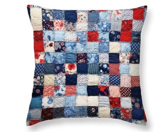 Red White Blue Pillow, Patchwork Pillow, Faux Quilted Pillow, Country Decor, Patch Work, Quilted Cushion, Rustic Decor, Rustic Pillow