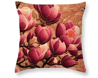 Flower Pillows, Pink Pillows, Magnolia Flowers, Pink Beige Pillow, Floral Throw Pillow, Pretty Pillows, 18x18 Pillow, Flower Pillow Cover