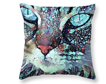 Cat Pillow, Cat Decor, Cat Throw Pillow, Cat Cushion, Pet Pillow, Cat Lover Gift, Pet Cushion, Persian Cat, Blue Pillow, Abstract Pillow