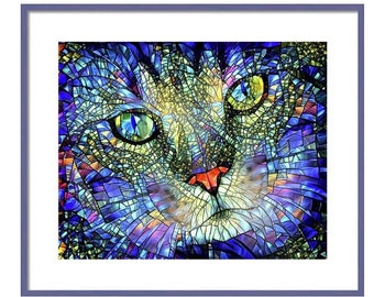 Colorful Cat Art, Stained Glass Art, Cat Print, Cat Wall Art, Tabby Cat, Pet Portraits, Abstract Art