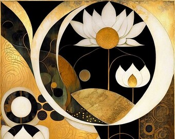 Lotus Art Print, Zen Art Prints, Lotus Wall Art, Art Nouveau,  Abstract Flowers, Water Lilies, Water Lily Art, Abstract Art,Black Gold White