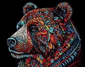 Bear Art Print, Colorful Animals, Wildlife Art, Bear Art, Bear Artwork, Zentangle Animals, Bear Wall Decor, Wildlife Artwork, Nature Lover